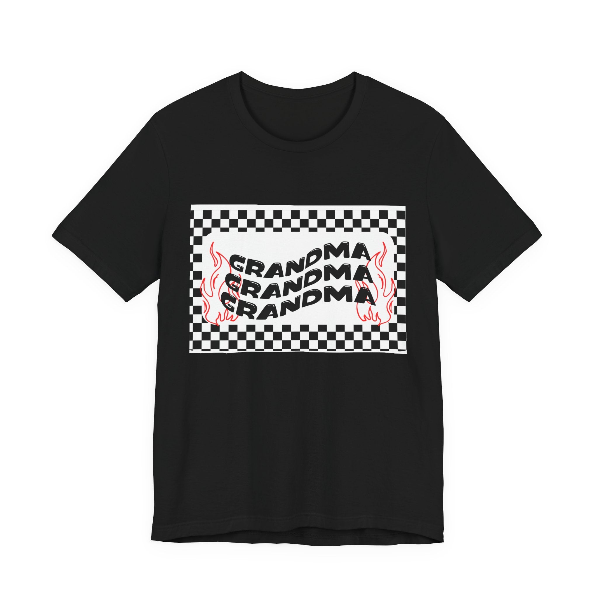 Grandma Repeat Checkerboard Tee — Retro Flame 'Grandma' Graphic T-Shirt
