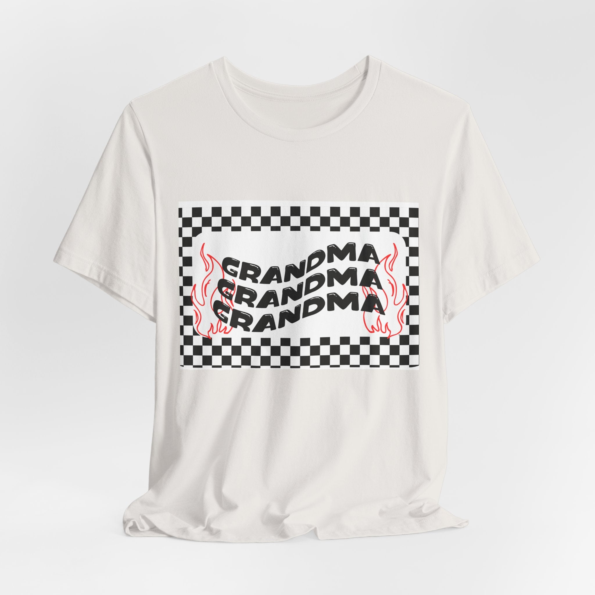 Grandma Repeat Checkerboard Tee — Retro Flame 'Grandma' Graphic T-Shirt
