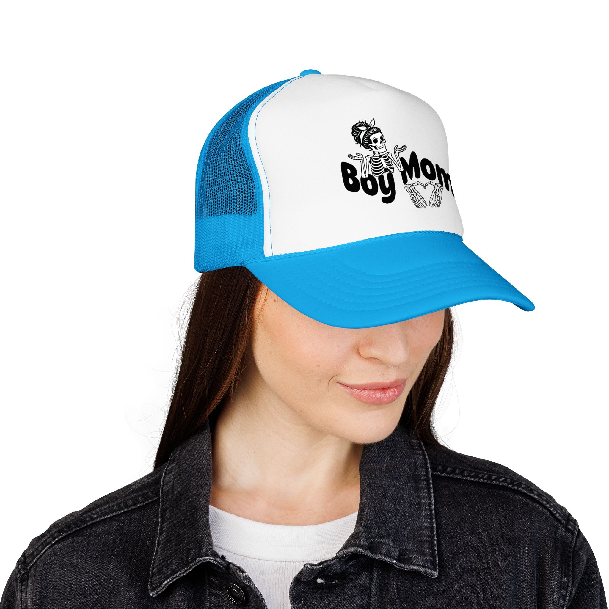 Boy Mom Trucker Hat — Skull & Heart Foam Mesh Cap for Proud Moms