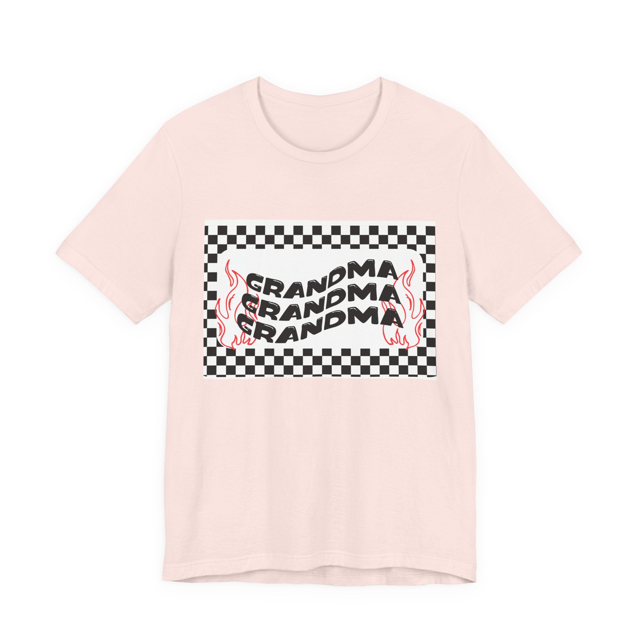 Grandma Repeat Checkerboard Tee — Retro Flame 'Grandma' Graphic T-Shirt