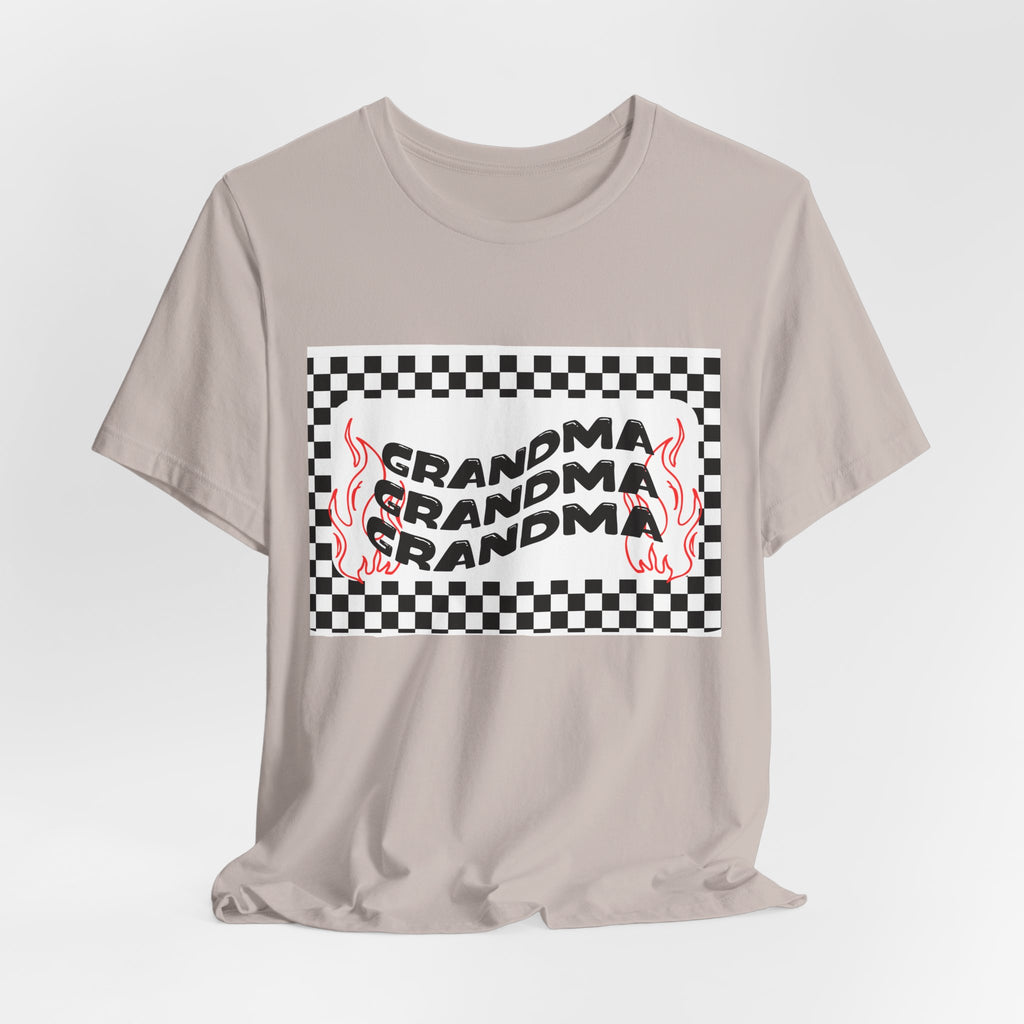Grandma Repeat Checkerboard Tee — Retro Flame 'Grandma' Graphic T-Shirt