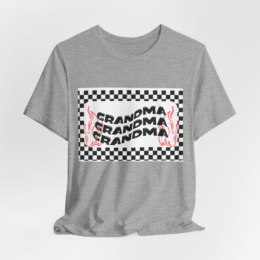 Grandma Repeat Checkerboard Tee — Retro Flame 'Grandma' Graphic T-Shirt