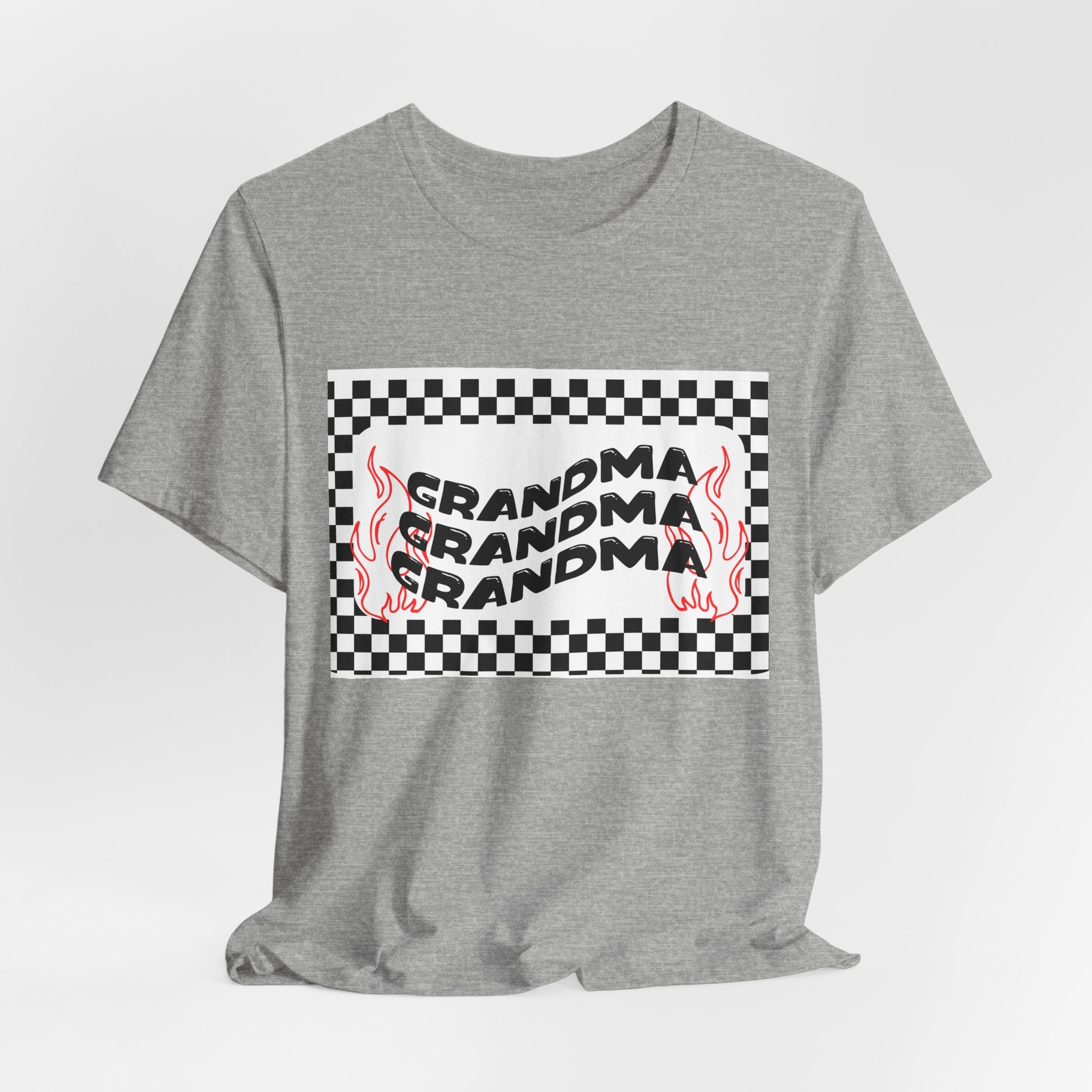 Grandma Repeat Checkerboard Tee — Retro Flame 'Grandma' Graphic T-Shirt