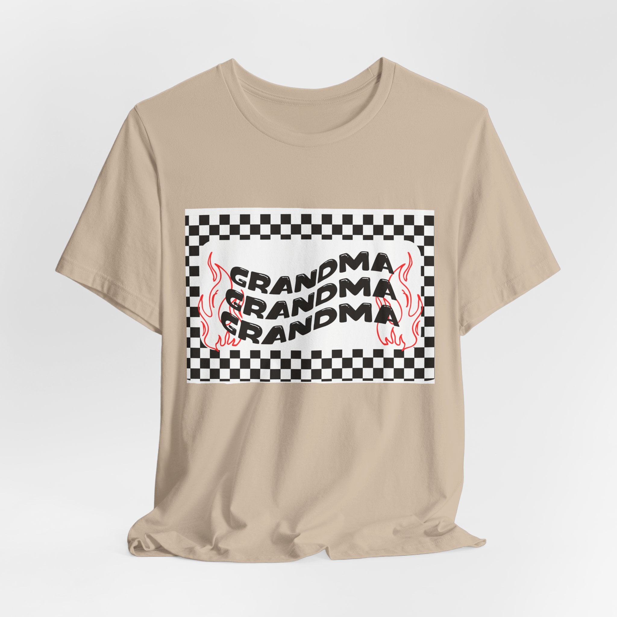 Grandma Repeat Checkerboard Tee — Retro Flame 'Grandma' Graphic T-Shirt