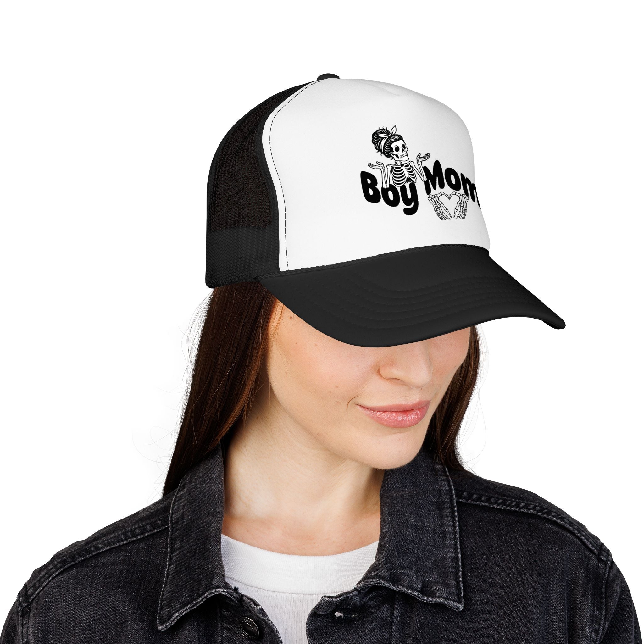 Boy Mom Trucker Hat — Skull & Heart Foam Mesh Cap for Proud Moms