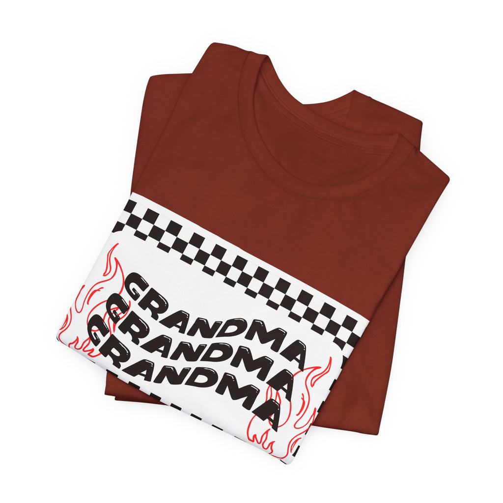 Grandma Repeat Checkerboard Tee — Retro Flame 'Grandma' Graphic T-Shirt