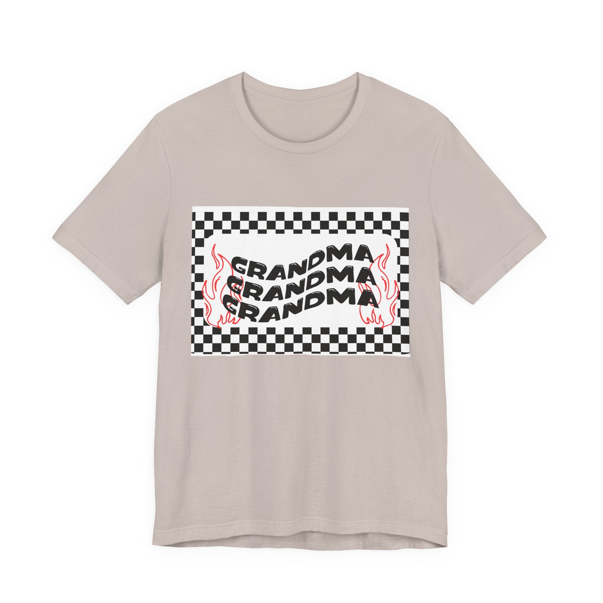Grandma Repeat Checkerboard Tee — Retro Flame 'Grandma' Graphic T-Shirt