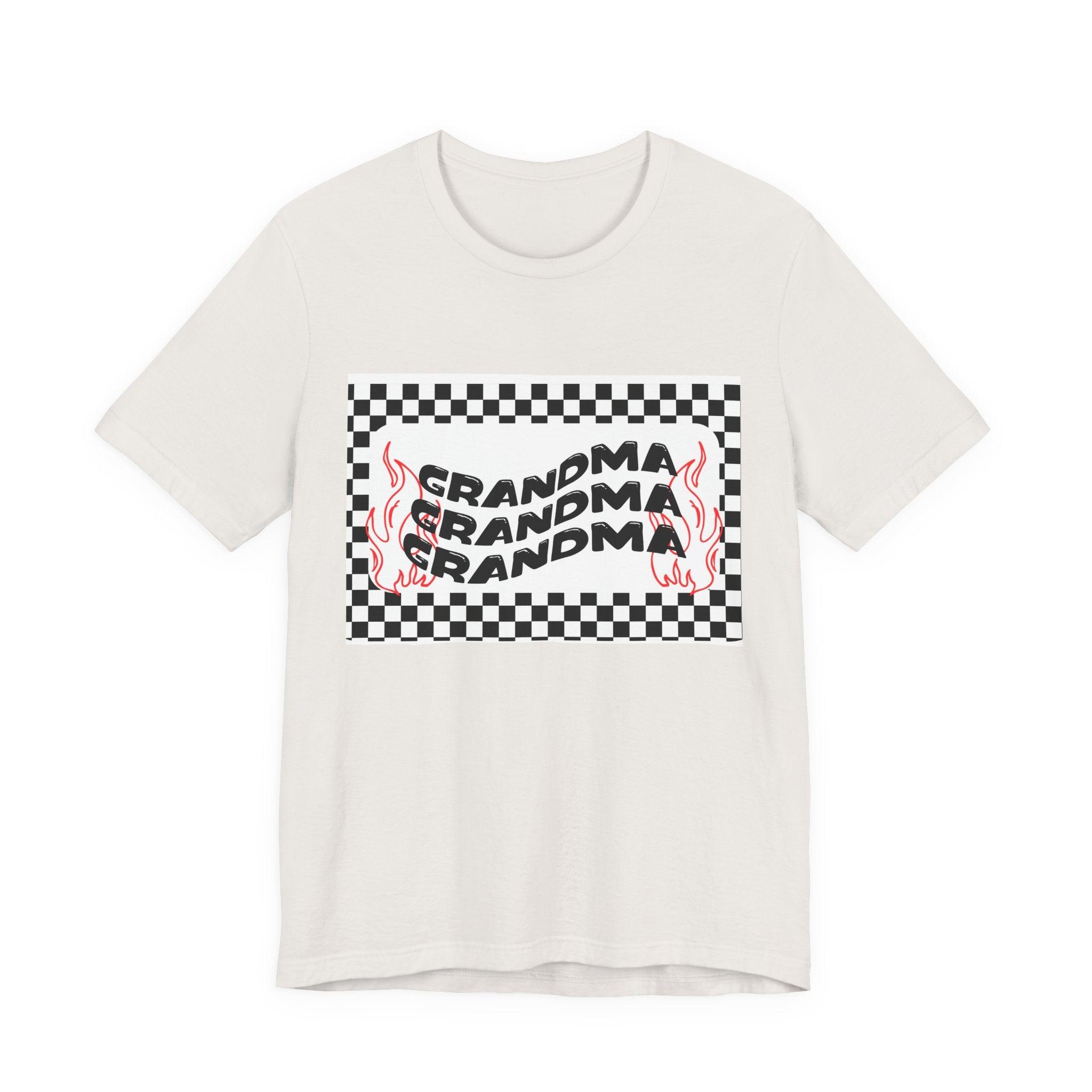 Grandma Repeat Checkerboard Tee — Retro Flame 'Grandma' Graphic T-Shirt