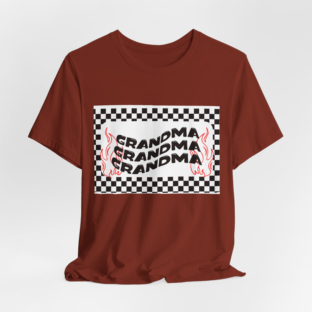 Grandma Repeat Checkerboard Tee — Retro Flame 'Grandma' Graphic T-Shirt
