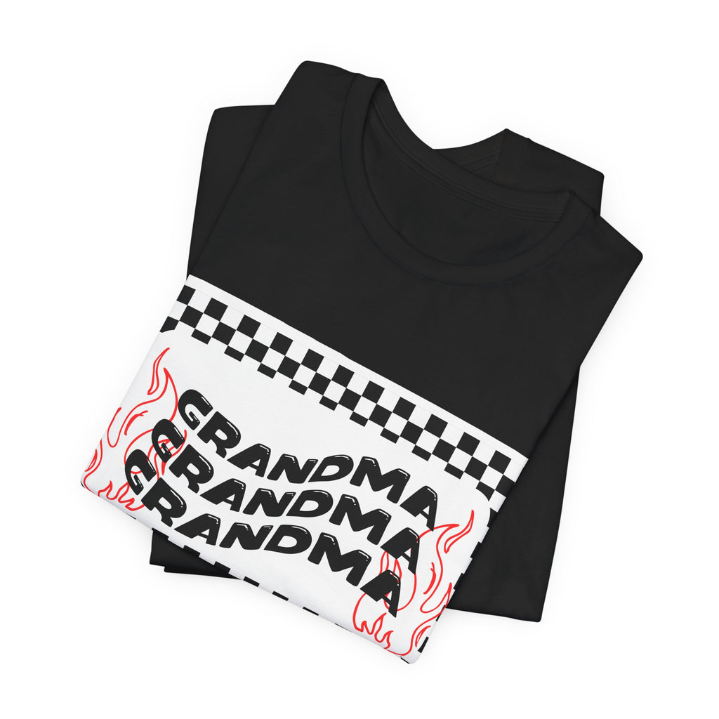 Grandma Repeat Checkerboard Tee — Retro Flame 'Grandma' Graphic T-Shirt