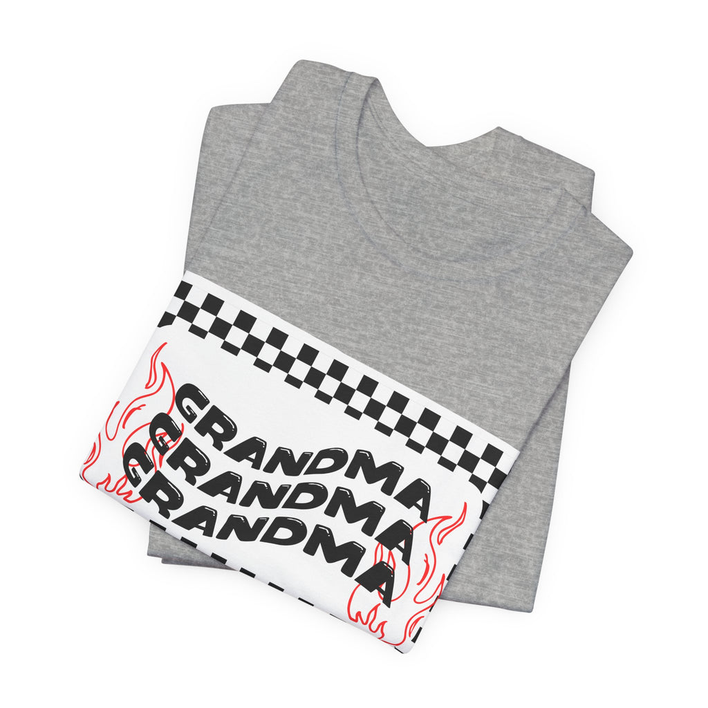 Grandma Repeat Checkerboard Tee — Retro Flame 'Grandma' Graphic T-Shirt