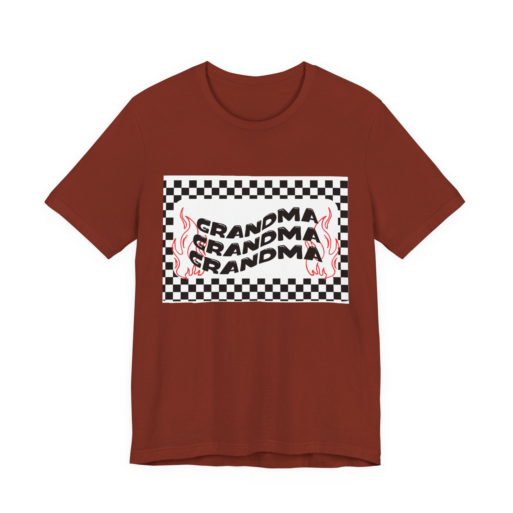Grandma Repeat Checkerboard Tee — Retro Flame 'Grandma' Graphic T-Shirt