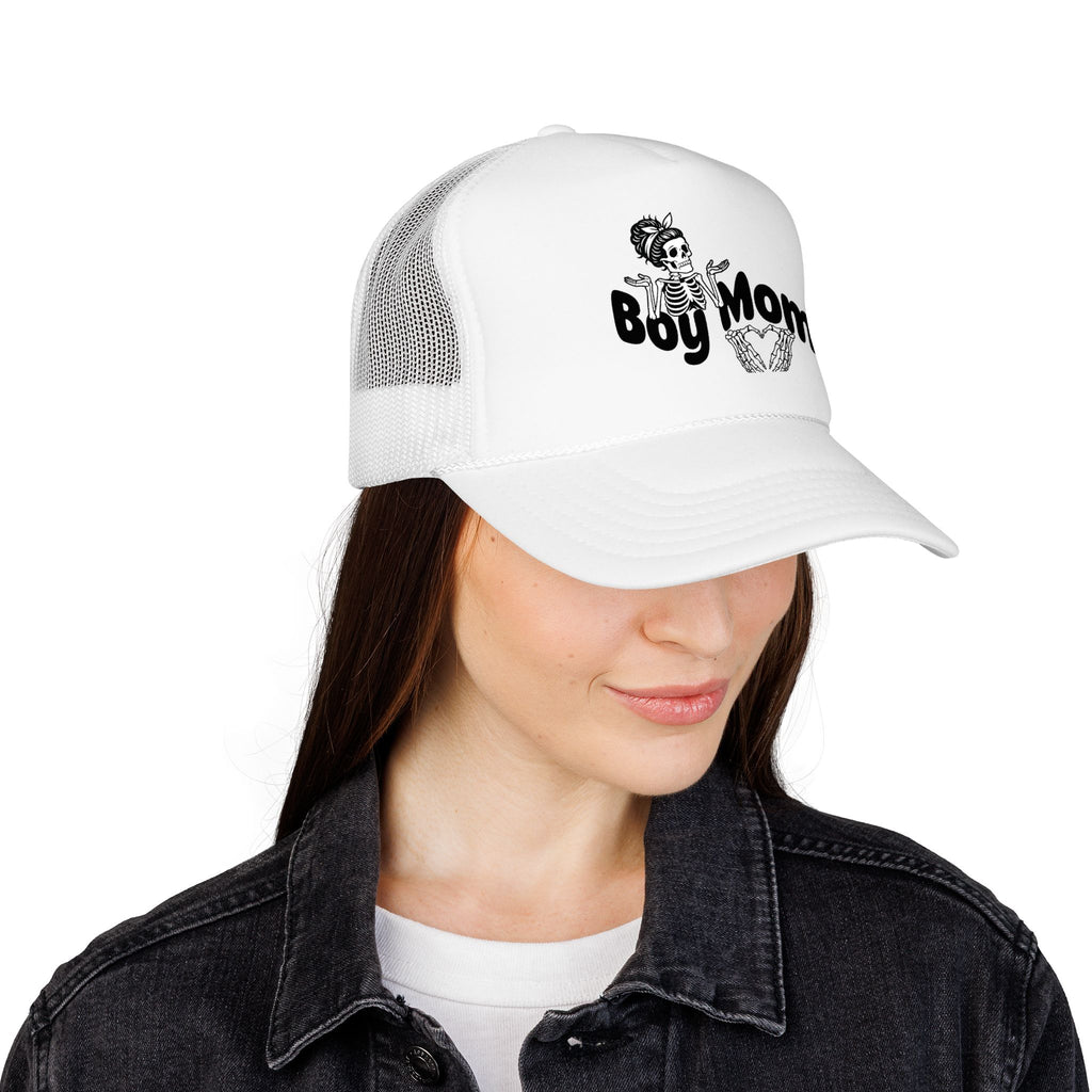 Boy Mom Trucker Hat — Skull & Heart Foam Mesh Cap for Proud Moms