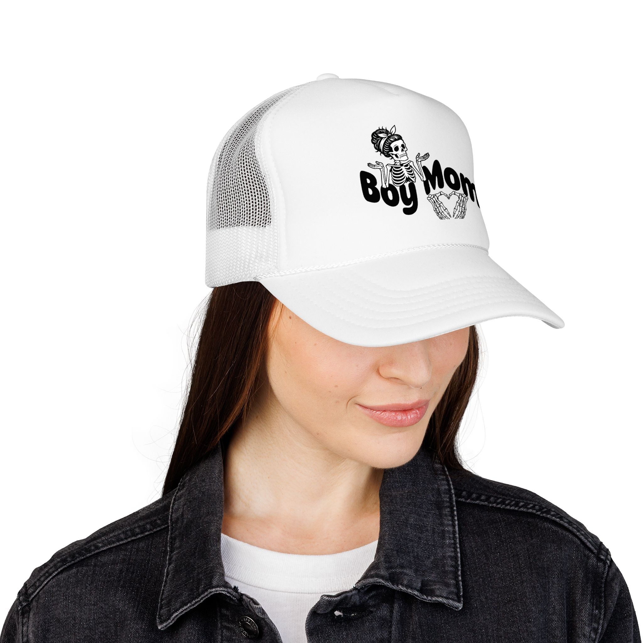 Boy Mom Trucker Hat — Skull & Heart Foam Mesh Cap for Proud Moms
