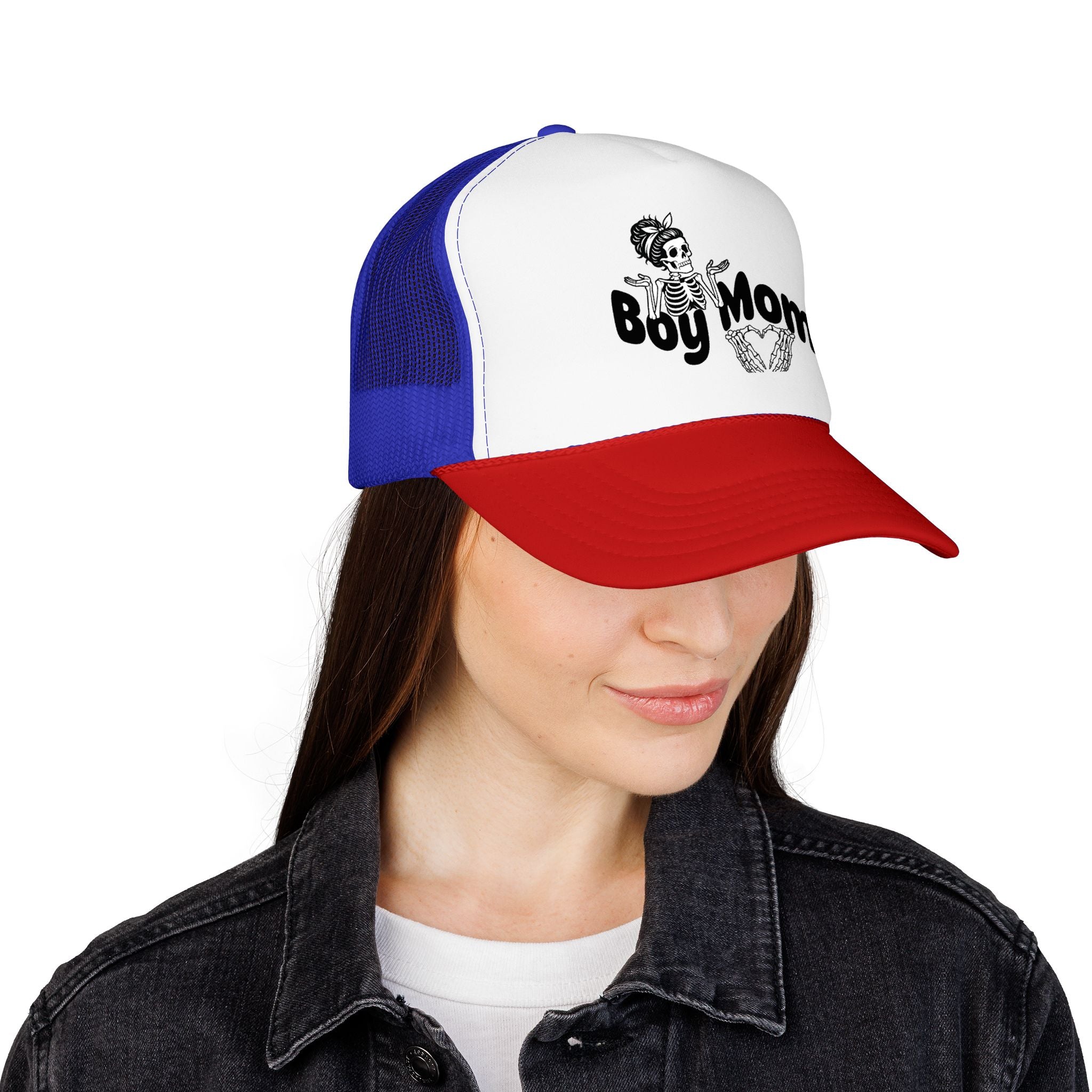 Boy Mom Trucker Hat — Skull & Heart Foam Mesh Cap for Proud Moms