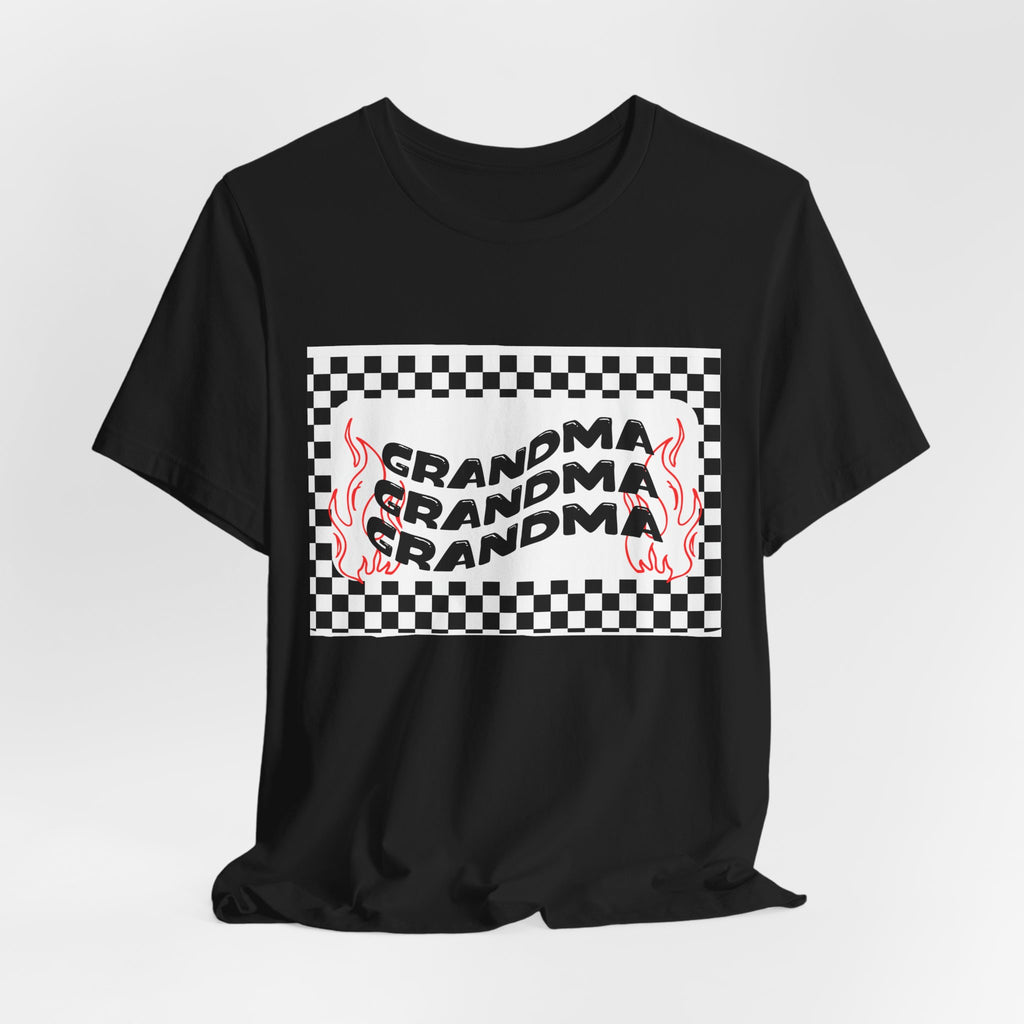 Grandma Repeat Checkerboard Tee — Retro Flame 'Grandma' Graphic T-Shirt