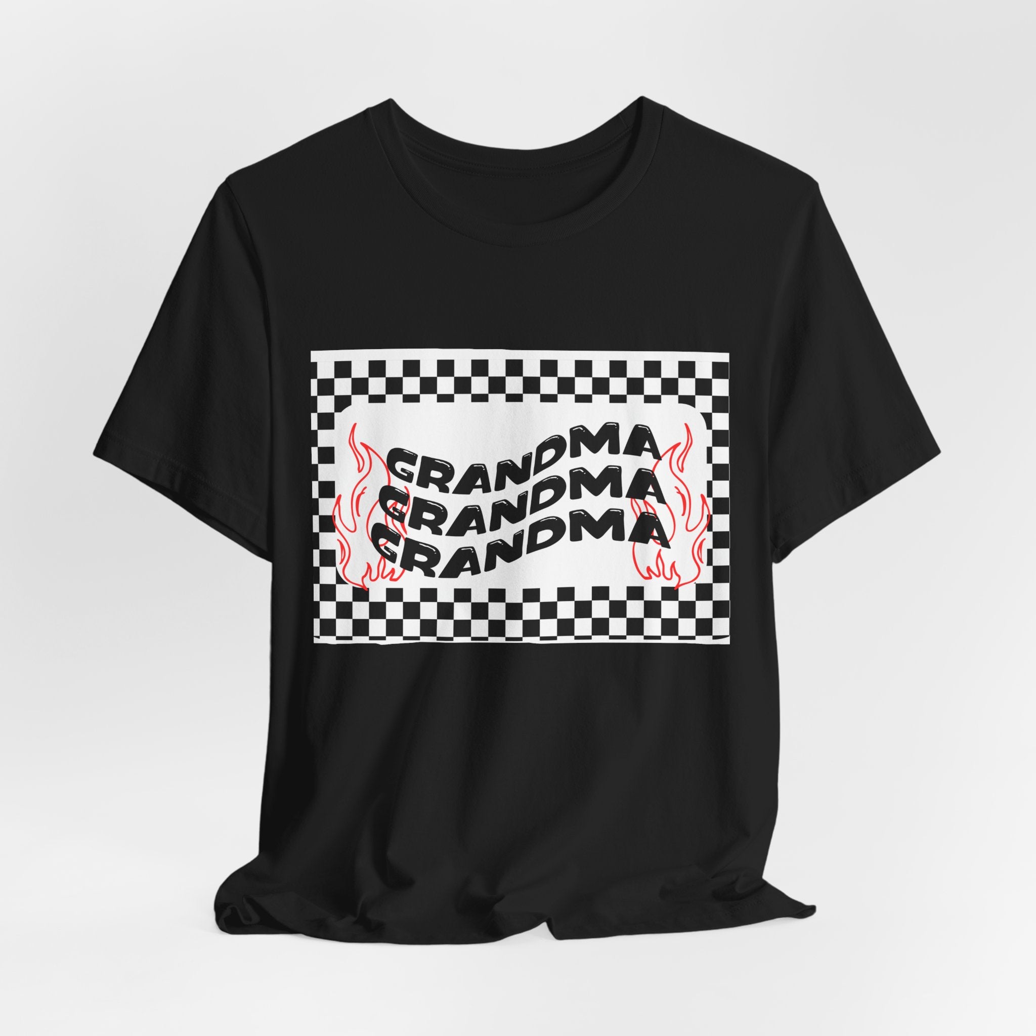Grandma Repeat Checkerboard Tee — Retro Flame 'Grandma' Graphic T-Shirt
