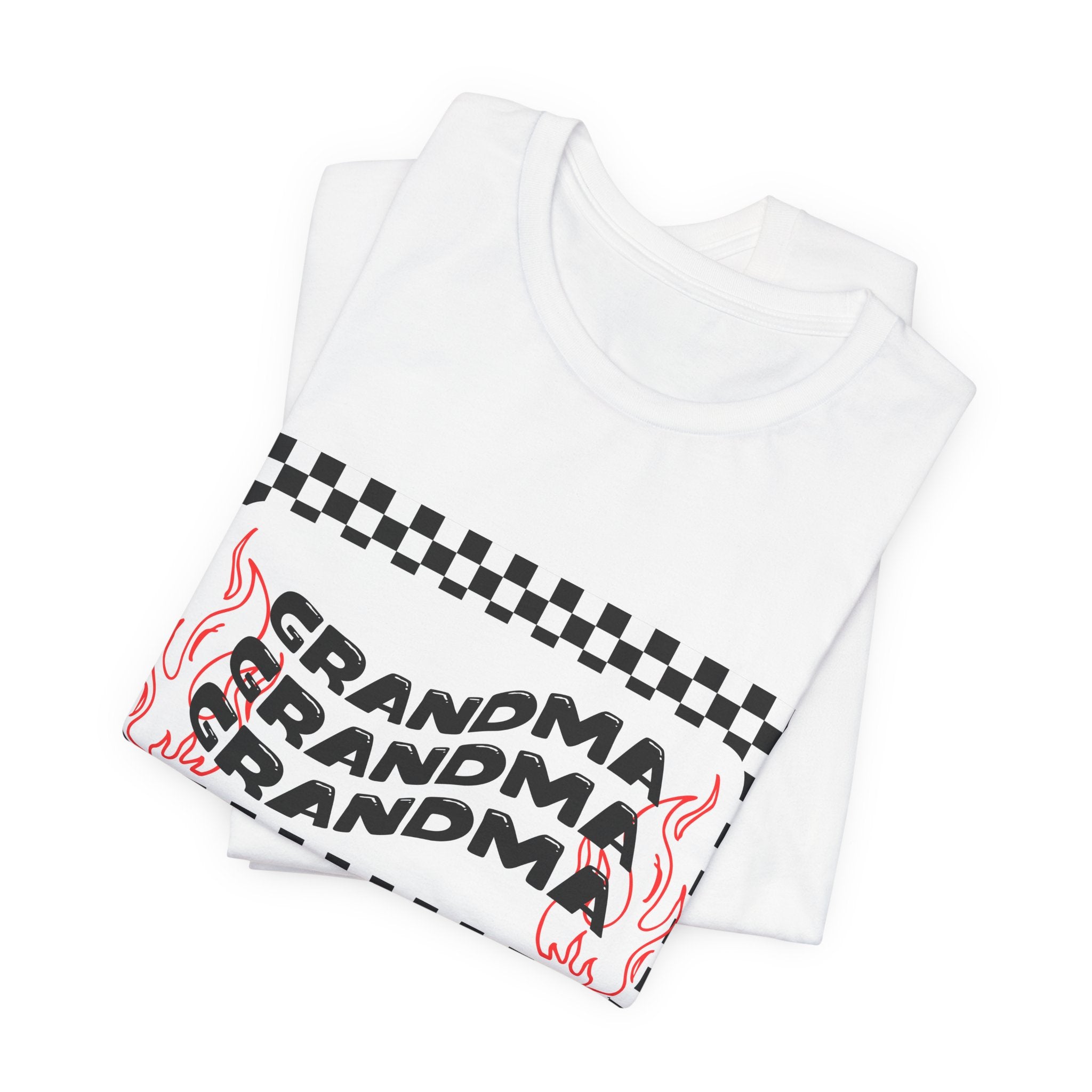Grandma Repeat Checkerboard Tee — Retro Flame 'Grandma' Graphic T-Shirt