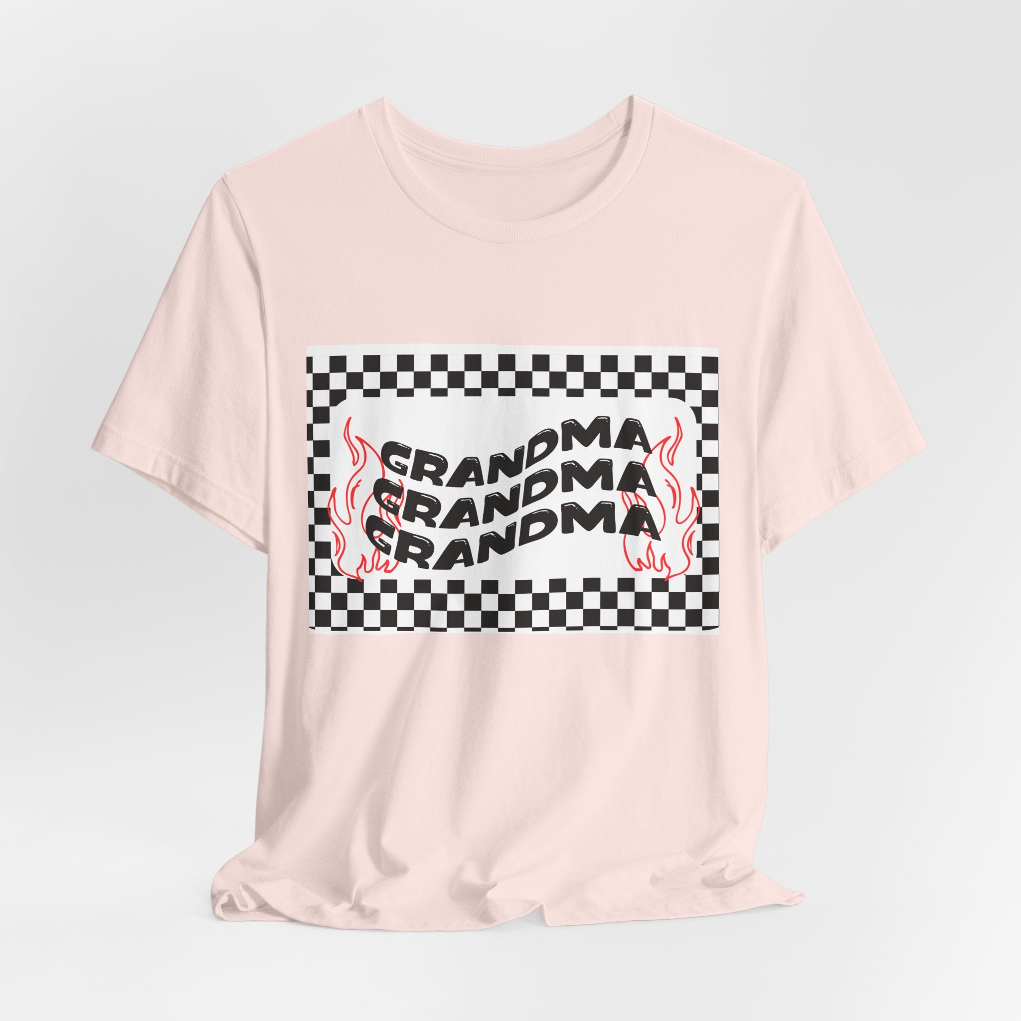 Grandma Repeat Checkerboard Tee — Retro Flame 'Grandma' Graphic T-Shirt