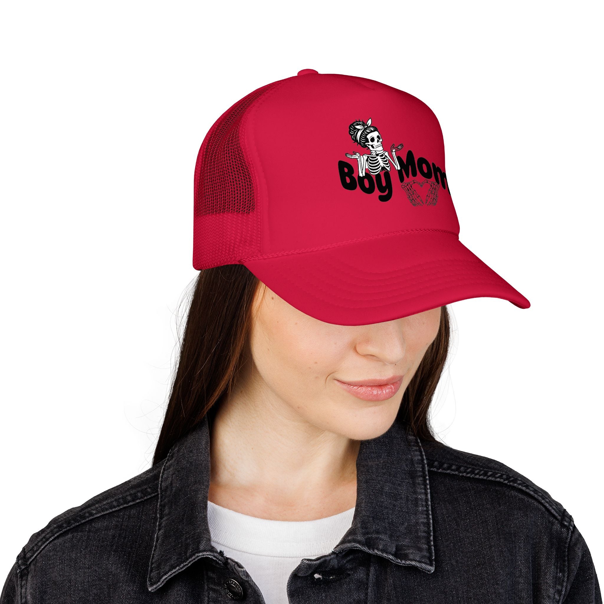 Boy Mom Trucker Hat — Skull & Heart Foam Mesh Cap for Proud Moms