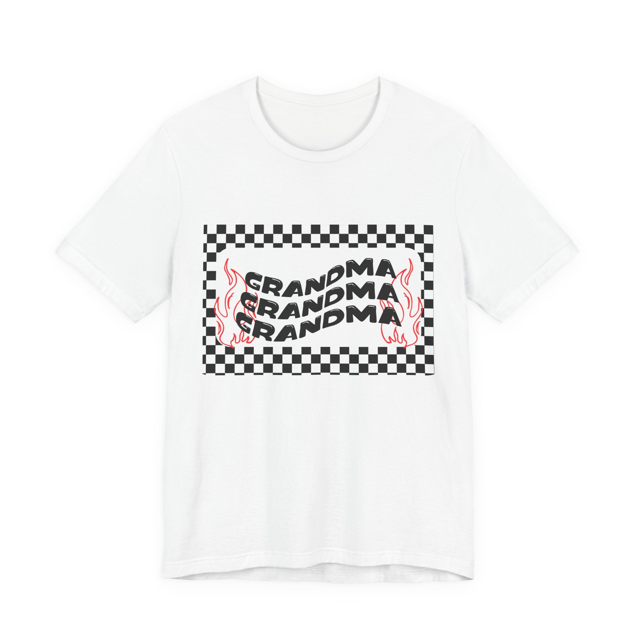 Grandma Repeat Checkerboard Tee — Retro Flame 'Grandma' Graphic T-Shirt