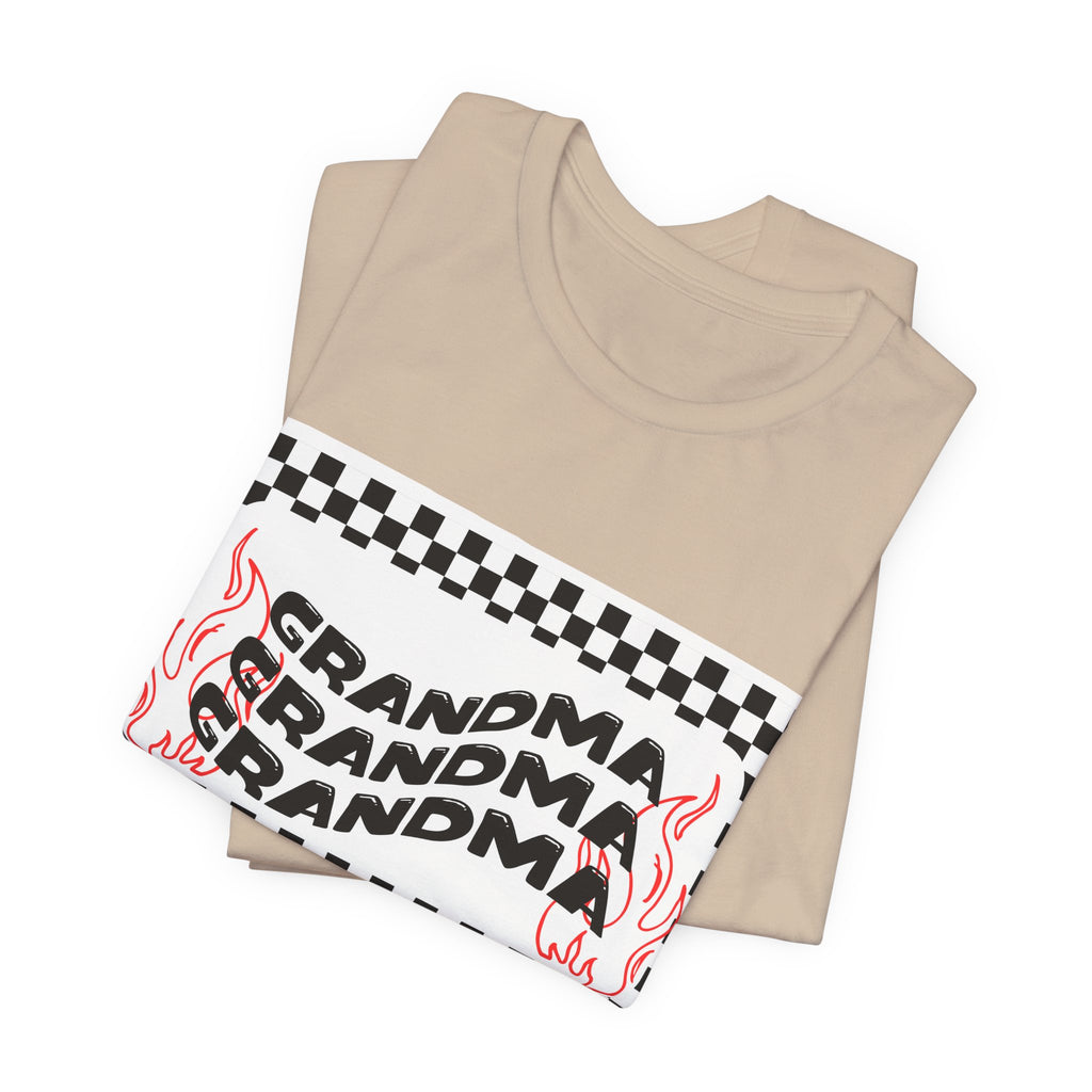 Grandma Repeat Checkerboard Tee — Retro Flame 'Grandma' Graphic T-Shirt