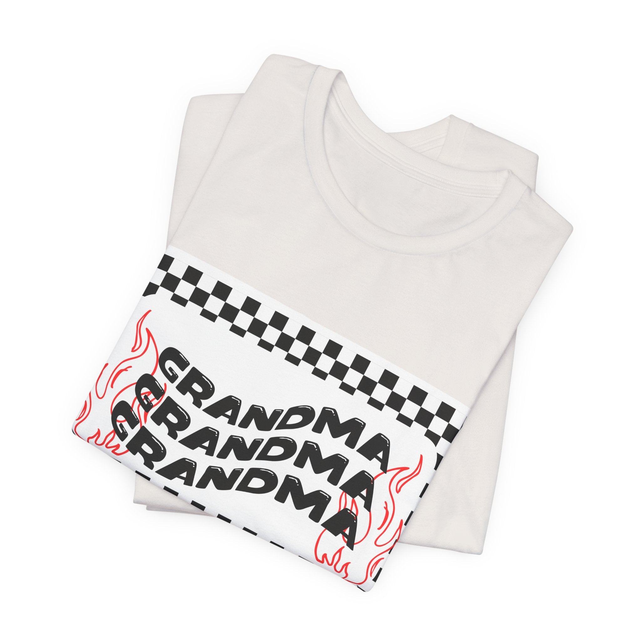 Grandma Repeat Checkerboard Tee — Retro Flame 'Grandma' Graphic T-Shirt