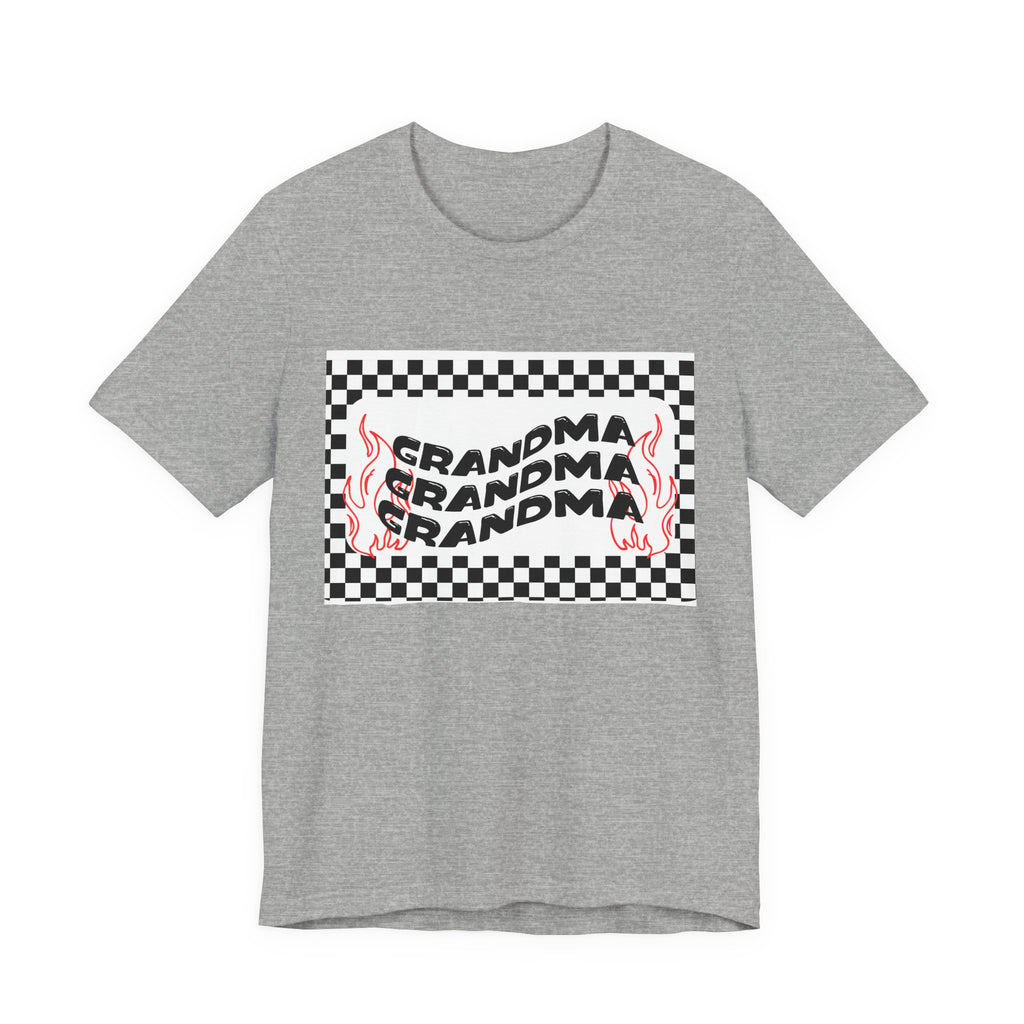Grandma Repeat Checkerboard Tee — Retro Flame 'Grandma' Graphic T-Shirt