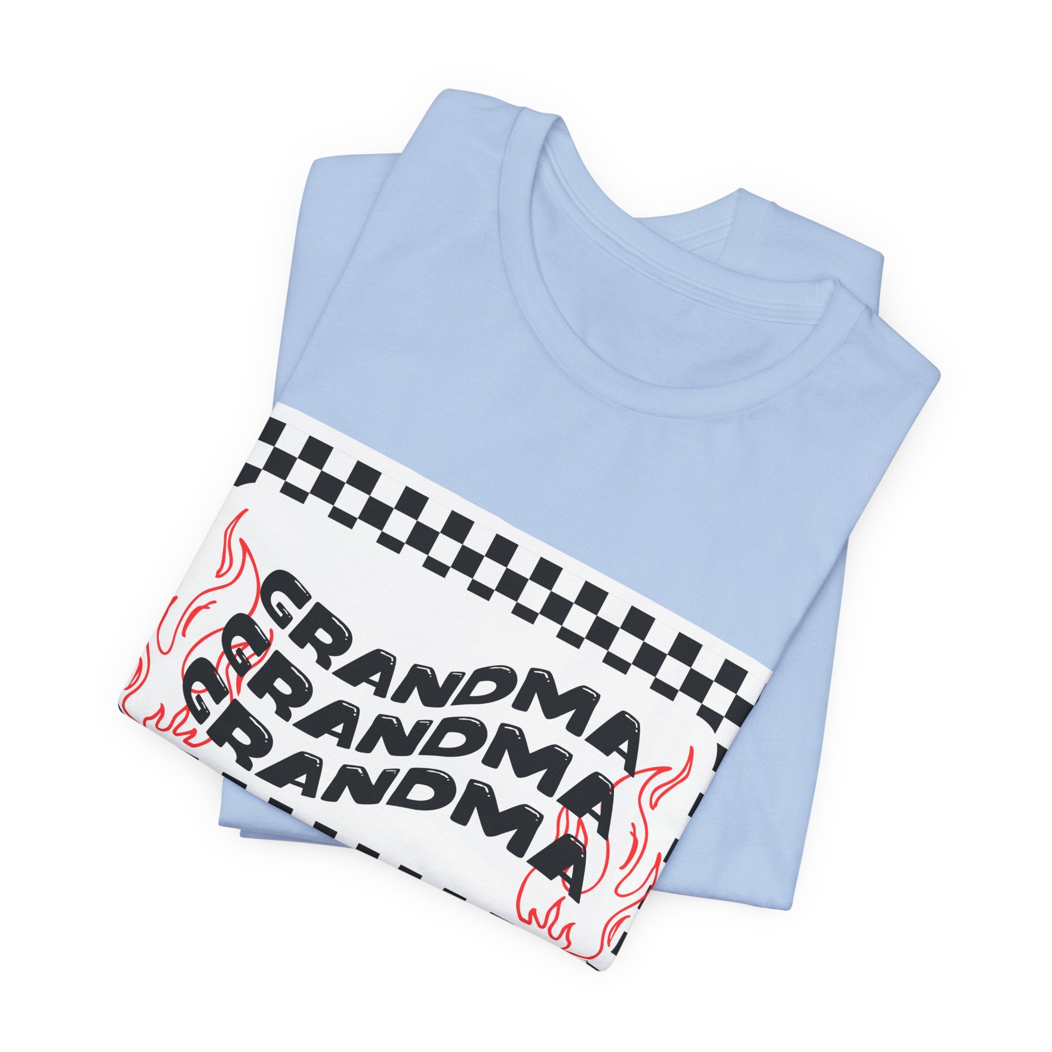 Grandma Repeat Checkerboard Tee — Retro Flame 'Grandma' Graphic T-Shirt