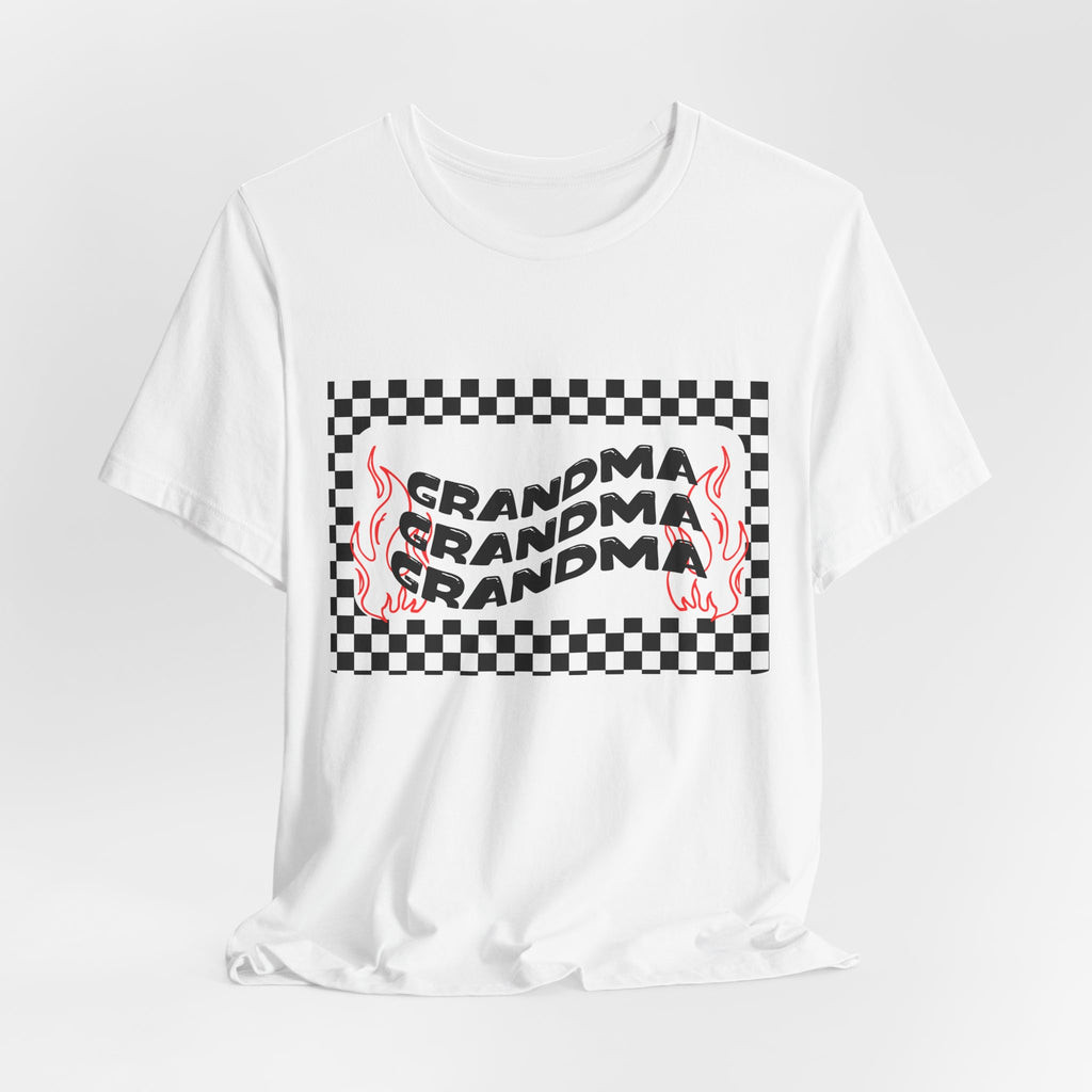 Grandma Repeat Checkerboard Tee — Retro Flame 'Grandma' Graphic T-Shirt