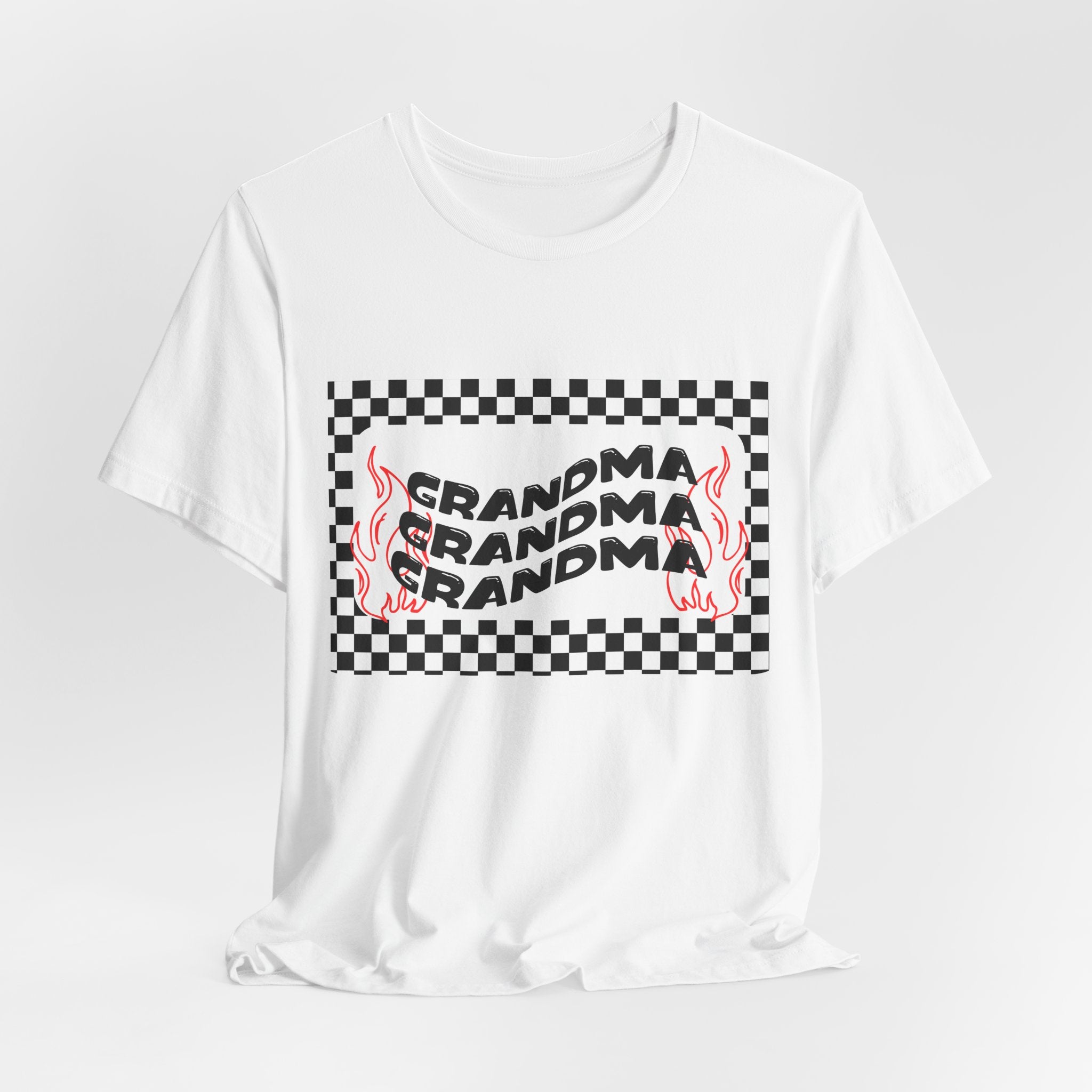Grandma Repeat Checkerboard Tee — Retro Flame 'Grandma' Graphic T-Shirt