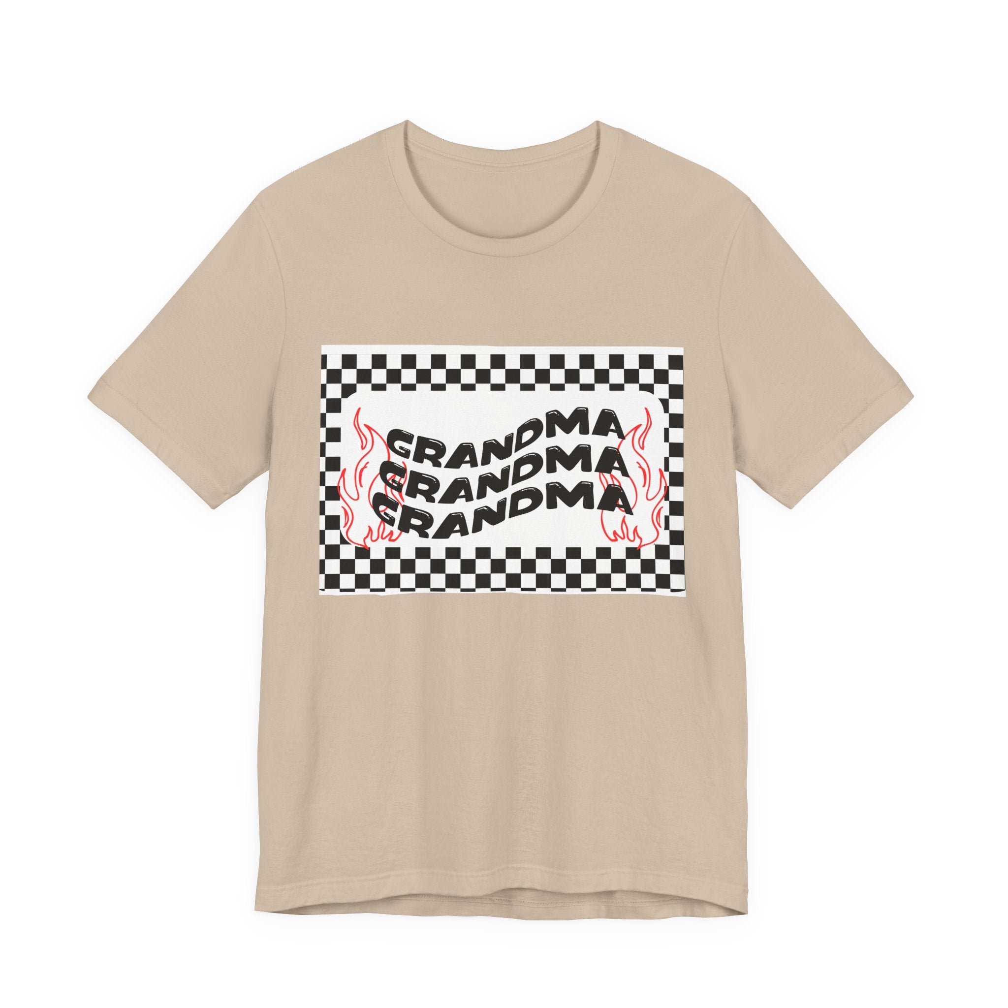 Grandma Repeat Checkerboard Tee — Retro Flame 'Grandma' Graphic T-Shirt